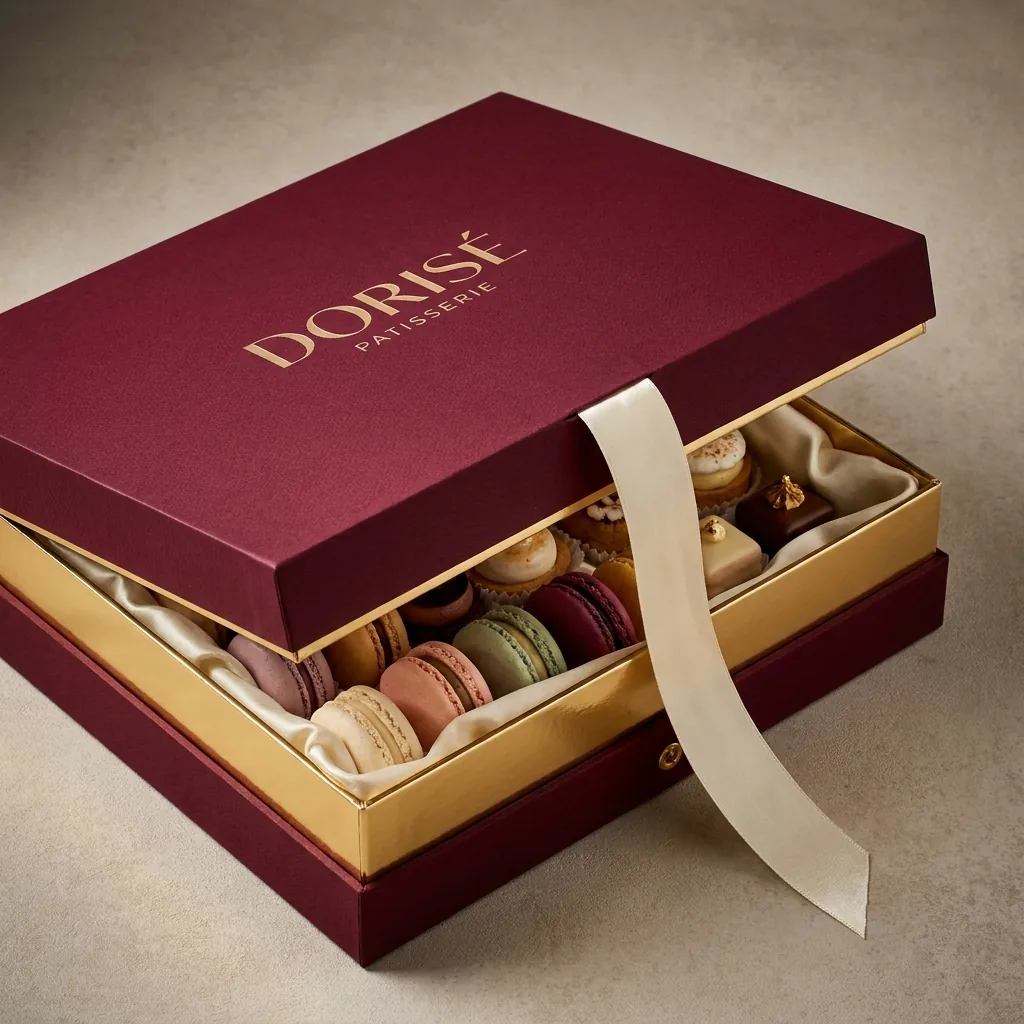 Hộp quà Signature màu rượu vang đựng macaron và bánh ngọt