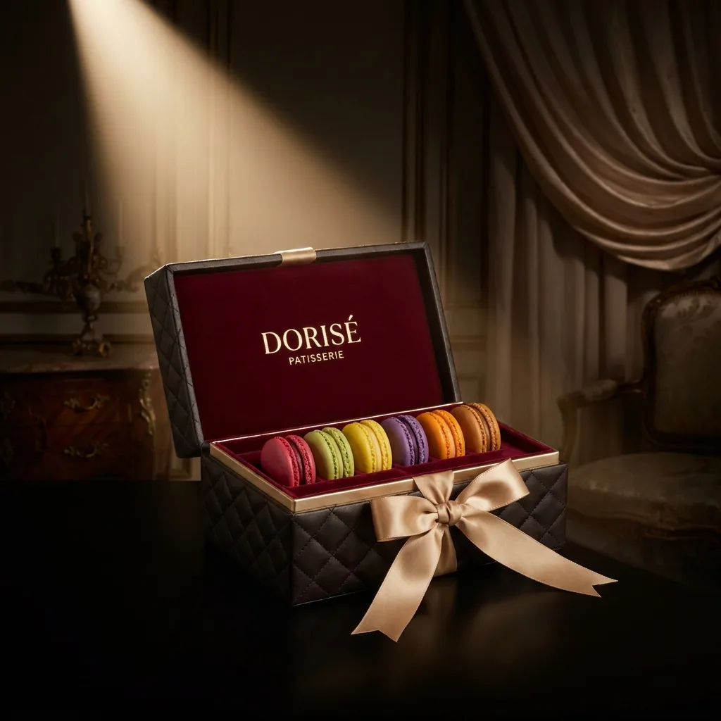 Hộp macaron Dorisé với ruy băng vàng