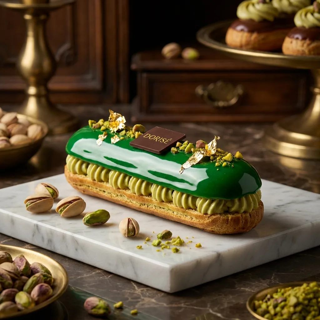 Éclair hạt dẻ cười dát vàng